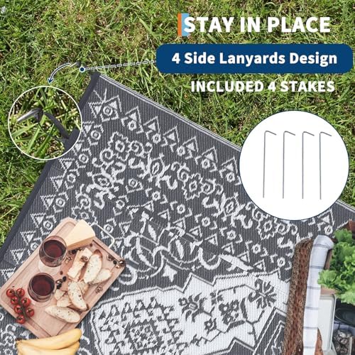 COZYLOOM Large Outdoor Rug 8x10 Patio Waterproof Reversible Mat Palm Retro Oriental Camping Rugs Indoor Outdoor Rugs Carpet Plastic Straw Rug for Deck Balcony Pool RV Camping, Grey and White - Image 6
