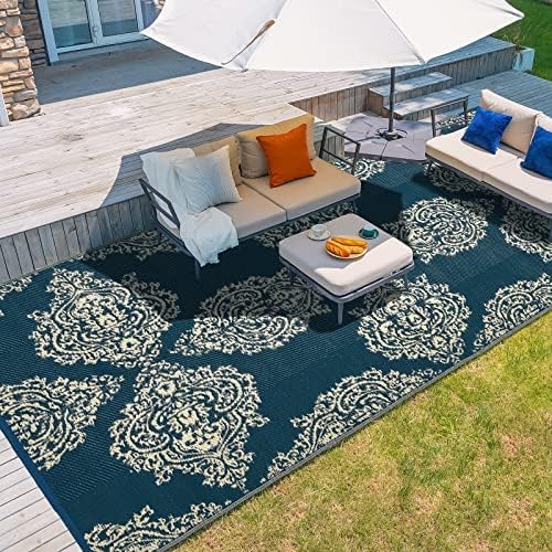 wikiwiki Outdoor Rug, 9x18ft Waterproof Reversible Mat Indoor Outdoor Rugs Carpet, Small Area Rug Plastic Straw Rug for Patio Deck Balcony Pool RV Camping Beach Picnic, Blue & Beige, Rugscape Series by WikiwikiPatioUmbrellas