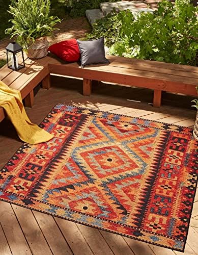Unique Loom Outdoor Tribal Collection Area Rug - Tortuguero (5' 3" Square, Multi/ Blue) by UniqueLoom