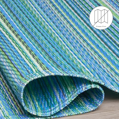 Fab Habitat Outdoor Rug - Waterproof, Fade Resistant, Crease-Free - Premium Recycled Plastic - Striped - Large Patio, Deck, Sunroom, Camping, RV - Cancun - Turquoise & Moss Green - 6 x 9 ft - Image 5