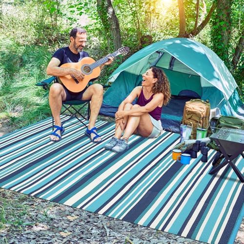 Garvee Outdoor Rug 8x10 Modern Striped Lines Plastic Straw Patio Blue Rug - Image 2