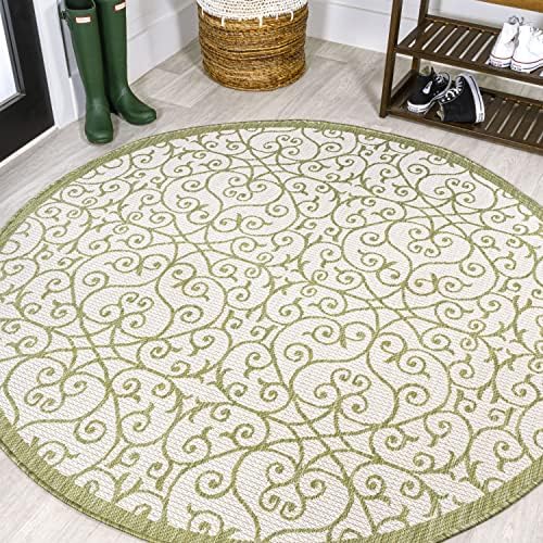 Eyely Filigree Weave Round Rug 5 Ft Green/Cream, Indoor Outdoor Rug by eyely