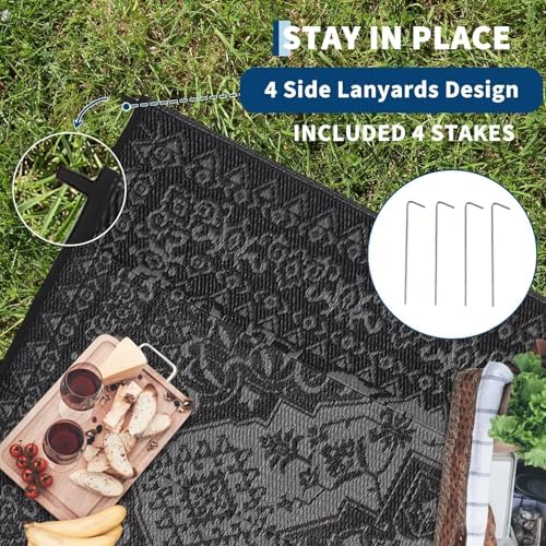 Outdoor Rug 9x12 Reversible Patio Rug Outdoor Plastic Straw Rugs Vintage Medallion Waterproof Outside Carpet for Deck RV Camping Rugs for Patio Backyard Picnic Porch Beach Balcony, Black Grey - Image 6