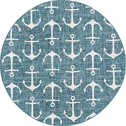Unique Loom Outdoor Coastal Collection Area Rug - Ahoy (7' 10" Round, Teal/ Ivory) - Image 3