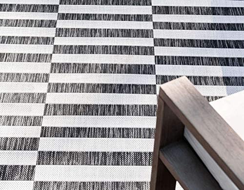 Unique Loom Outdoor Striped Collection Area Rug - Striped (4' 1" x 6' 1" Rectangle, Charcoal/Ivory) - Image 5