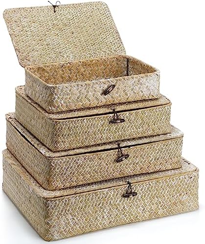 Didaey Set of 4 Seagrass Basket with Lid Wicker Storage Basket Decorative Storage Boxes with Lids Flat Storage Bins Woven Organizer Baskets for Shelf Closet Bedroom, 4 Sizes (White) by Didaey