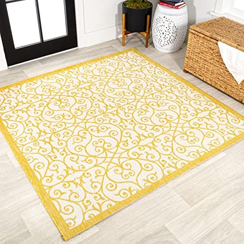 Eyely Filigree Weave Square Rug 5X5 Cream/Yellow, Indoor Outdoor Rug by eyely