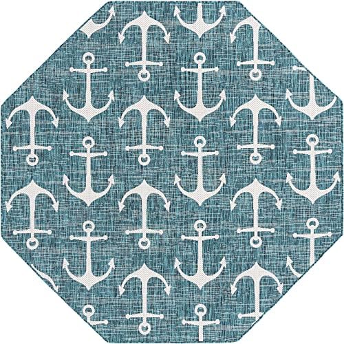Unique Loom Outdoor Coastal Collection Area Rug - Ahoy (7' 10" Octagon, Teal/ Ivory) - Image 3