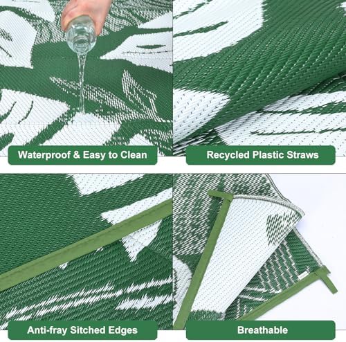 Waterproof 9x18 Outdoor Rug for Patio Reversible Plastic Straw Rug Floral Camping Carpet with Carry Bag, Stain & UV Resistant Portable RV Carpet for Camper Deck Balcony Porch Beach Picnic,Green - Image 6