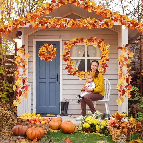 Helimoto 8Pcs Autumn Leaves Garland, 47.2 FT Hanging Fall Garland with 16 Hooks Artificial Fall Outdoor Garlands, Fall Decorations for Home Thanksgiving Halloween Decor Wedding Party Fireplace Mantle - Image 7