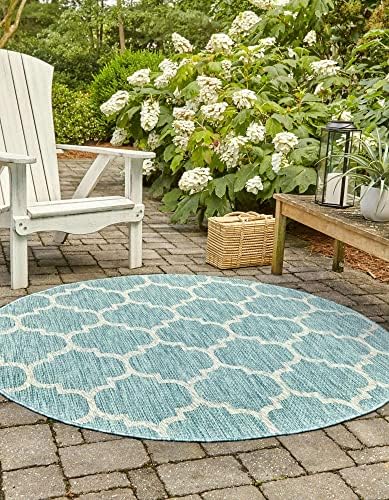 Unique Loom Outdoor Trellis Collection Area Rug - Trellis (Round 4' 0" x 4' 0", Aquamarine/ Gray) - Image 4