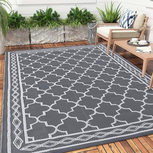 GlowSol Reversible Outdoor Rug 9x12 ft Clearance, Waterproof Outdoor Plastic Straw Rug with Carry Bag, Modern Geometric Patio Rug,RV Mat for Porch,Deck,Backyard,Camping,Balcony,Deck,Backyard,Grey by GLOWSOL