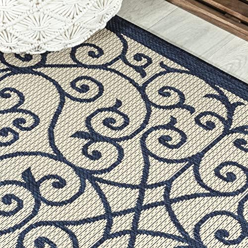 Eyely Filigree Textured Weave Area Rug 8X10 Navy/Beige, Indoor Outdoor Rug - Image 7