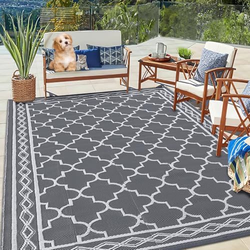 GlowSol Reversible Outdoor Rug 8x10 ft Clearance, Waterproof Outdoor Plastic Straw Rug with Carry Bag, Modern Geometric Patio Rug,RV Mat for Porch,Deck,Backyard,Camping,Balcony,Deck,Backyard,Grey - Image 6