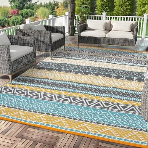 GAOMON Outdoor Rug 9'x12' Waterproof Rug for Patio Decor, Foldable Reversible Plastic Straw Area Rugs Mat for Camper, Outside Carpet for Deck, Porch, Picnic, Beach, Teal/Yellow(Bohemia) by GAOMON