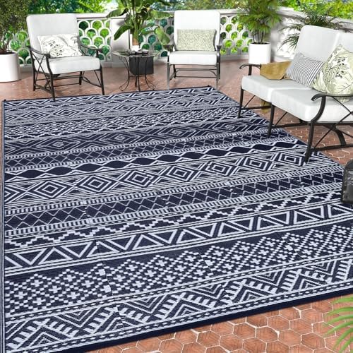Outdoor Rug for Patio 6x9 Waterproof Reversible Patio Mat Vintage Boho Plastic Straw Rug Lightweight Outdoor Camping Rugs for RV Porch Deck Balcony Backyard Easy Clean Picnic Mat, Navy White - Image 2