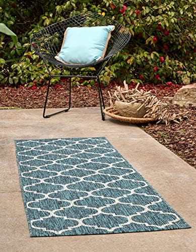 Unique Loom Outdoor Trellis Collection Area Rug (2' x 8' Runner, Teal/ Gray) - Image 4