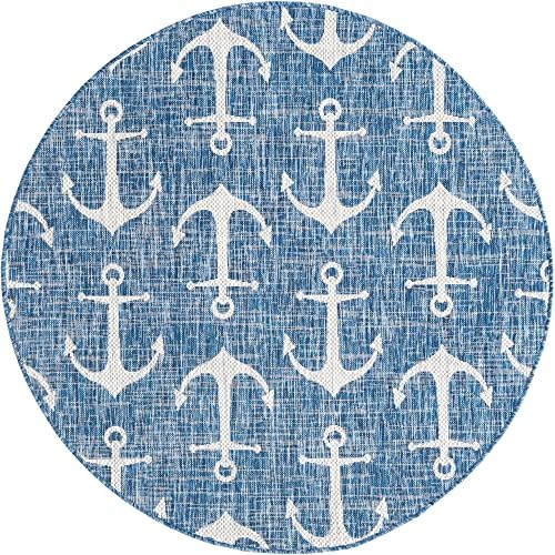 Unique Loom Outdoor Coastal Collection Area Rug - Ahoy (5' 3" Round, Blue/ Ivory) - Image 3