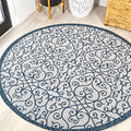 Eyely Filigree Textured Weave Round Rug 5 Ft Blue/Cream, Indoor Outdoor Rug by eyely