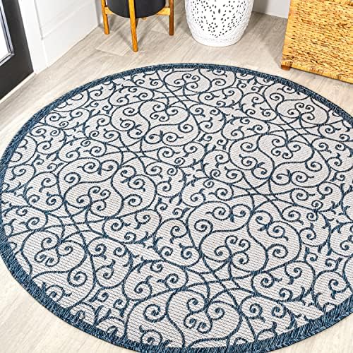 Eyely Filigree Textured Weave Round Rug 5 Ft Blue/Cream, Indoor Outdoor Rug by eyely