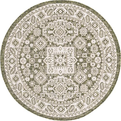 Rugs.com - Outdoor Aztec Rug – 4 Ft Round Green Indoor/Outdoor Rug – Washable Flatweave Tribal Design for Patios, Decks, and Porches - Image 3