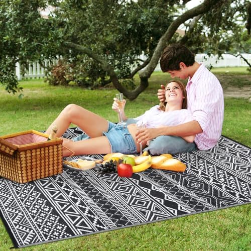 Large Outdoor Rug 10x14 Plastic Straw Rug for Patio Boho Reversible Mats Waterproof Camping Rug for RV Camping Beach Deck Picnic Backyard Camping Porch Easy Cleaning Floor Mat Black White - Image 7