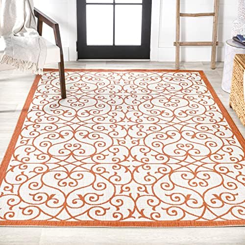 Eyely Filigree Weave Area Rug 9X12 Cream/Orange, Indoor Outdoor Rug - Image 4