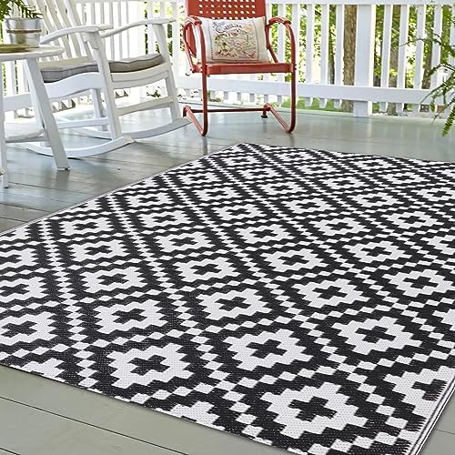 9' x 12', Plastic Straw Rug, Outdoor Patio Rugs, RV Rug, Large Floor Mat and Rugs for Outdoors, RV, Patio, Backyard, Deck, Picnic, Beach, Trailer, Camping, (Black&White | Diamond2) - Image 3