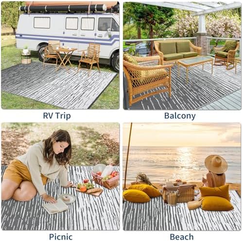 Garvee Waterproof Outdoor Rug 8x10 Neutral Striped Plastic Straw Rug, Grey - Image 6