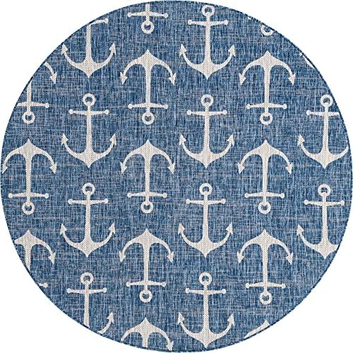 Unique Loom Outdoor Coastal Collection Area Rug - Ahoy (7' 10" Round, Blue/ Ivory) - Image 3