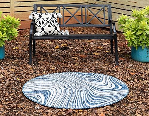 Unique Loom Outdoor Modern Collection Area Rug - Pool (4' 1" Round, Blue/ Ivory) - Image 4