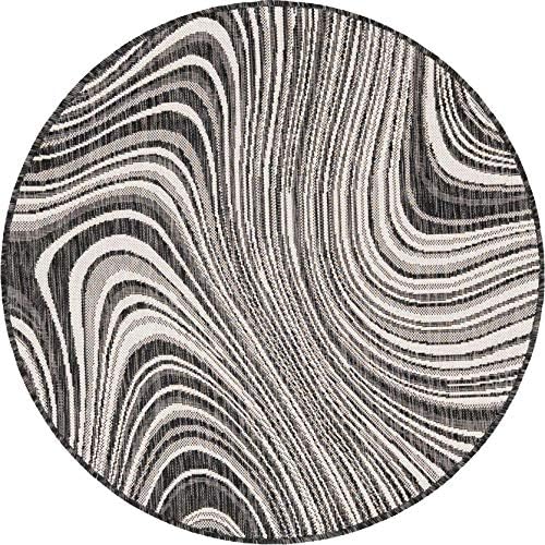 Unique Loom Outdoor Modern Collection Area Rug - Pool (4' 1" Round, Charcoal/ Gray) by UniqueLoom