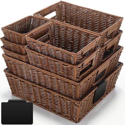 Marsui 9 Pcs Wicker Storage Baskets for Pantry Organization with Handle Labels Handwoven Multi-size Dark Brown Small Organizer Baskets Storage Bin Container for Shelves Closet Toilet Christmas Holiday by Marsui