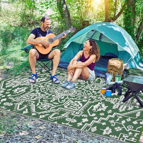 GAOMON 9x12 Waterproof Outdoor Large Rug Reversible Plastic Straw Rug for Patio Camping Indoor Outdoor RV Carpet Mat Stain Outside Large Carpet for Deck Camper Balcony Open-Air, Green White - Image 3