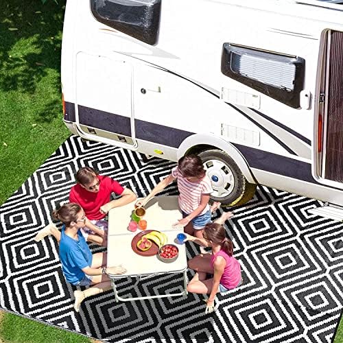 9' x 12', Plastic Straw Rug, Outdoor Patio Rugs, RV Rug, Large Floor Mat and Rugs for Outdoors, RV, Patio, Backyard, Deck, Picnic, Beach, Trailer, Camping, (Black&White | Diamond) - Image 4