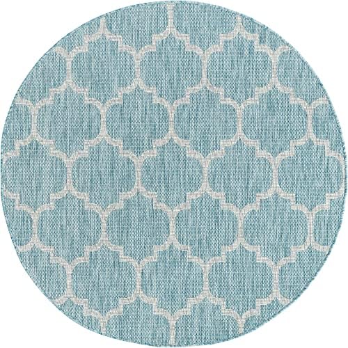 Unique Loom Trellis Collection Area Rug-Lattice Design, Moroccan Inspired for Indoor/Outdoor Décor, 5 ft x 5 ft Round, Aquamarine/Gray - Image 3