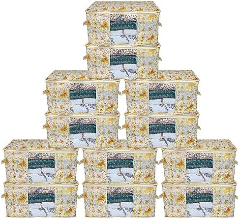 Kuber Industries Foldable Underbed Storage Bag|Organizer For Clothes Large|Non-Woven Comforter, Blanket Cover|Metalic Print & Side Handle|Pack of 12 (Cream) by Kuber+Industries