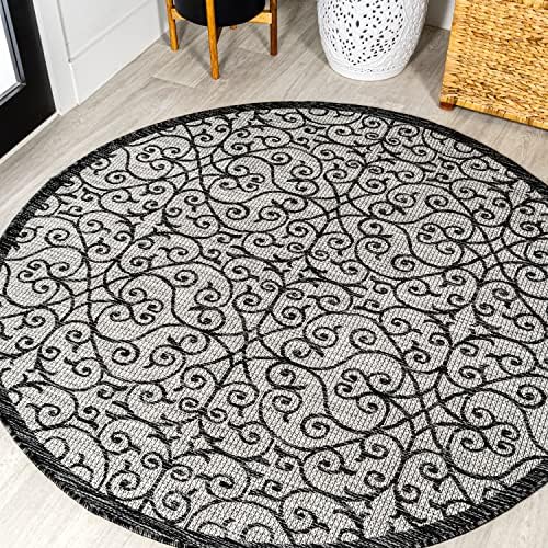 Eyely Filigree Weave Round Rug 5 Ft Light Gray/Black, Indoor Outdoor Rug by eyely