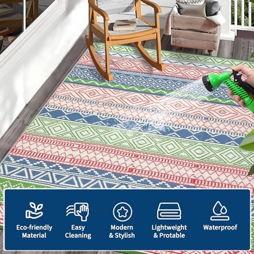 Outdoor Plastic Straw Rug 10x14 Large Patio Rug Vintage Boho Floor Mat Waterproof Rugs for Patio Reversible Outdoor Rugs for RV Beach Porch Camping Backyard Deck Picnic, Green Blue - Image 6