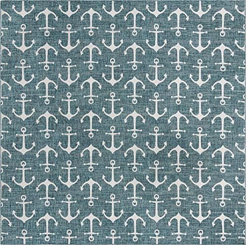 Unique Loom Outdoor Coastal Collection Area Rug - Ahoy (13' Square, Teal/ Ivory) - Image 2