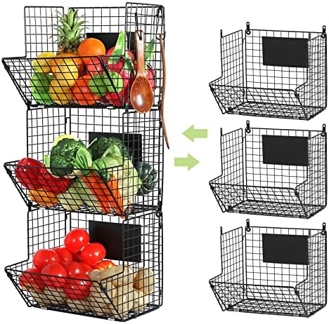 X-cosrack Metal Wire Basket Wall Mount, 3 Tier Wall Storage Basket Organizer with Hanging Hooks Chalkboards, Rustic Kitchen Fruit Produce Bin Rack Bathroom Tower Baskets (Black) by X-cosrack