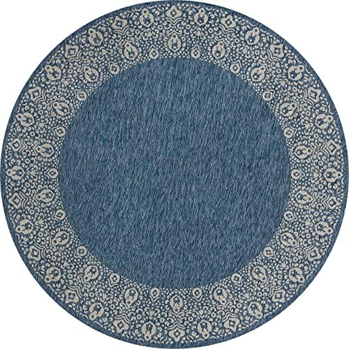 Unique Loom Outdoor Border Collection Area Rug - Floral Border (10' 8" Round, Blue/ Ivory) - Image 3