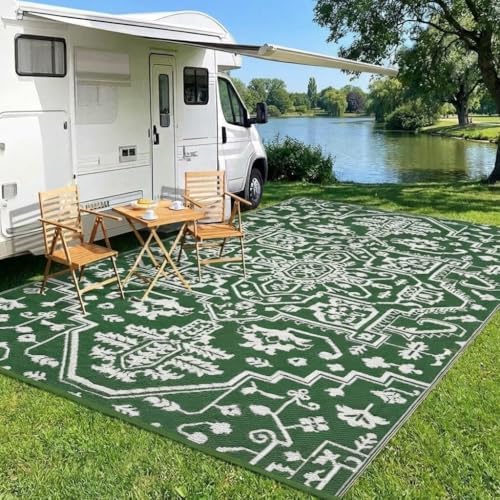 GAOMON Waterproof 8x10 Outdoor Rug Boho Vintage Reversible Plastic Straw Rug Mat UV-Resistant Foldable Retro Medallion Camping Indoor Outdoor Carpet for Patio RV Deck Balcony Picnic, Green White - Image 3