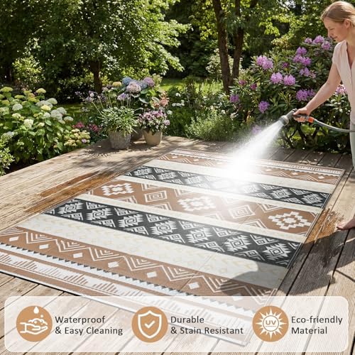 famibay Outdoor Rug Reversible Portable Plastic Straw Camping Rugs, Large Waterproof Outdoor Area Rugs for Patio, RV, Backyard, Deck, Balcony, Picnic, Beach 8x10 Brown - Image 3