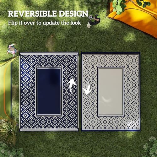 Outsunny Outdoor Rug for Patio Waterproof 9' x 12' Blue & White Gourd - Image 7