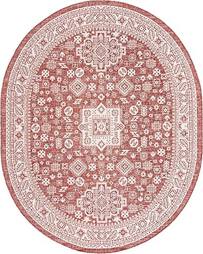 Rugs.com Outdoor Aztec Collection Rug – 8' x 10' Oval Rust Red Flatweave Rug Perfect for Living Rooms, Large Dining Rooms, Open Floorplans - Image 3