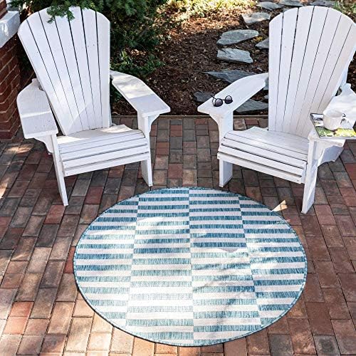 Unique Loom Outdoor Striped Collection Area Rug - Striped (4' 1" Round, Light Aqua/Ivory) by UniqueLoom