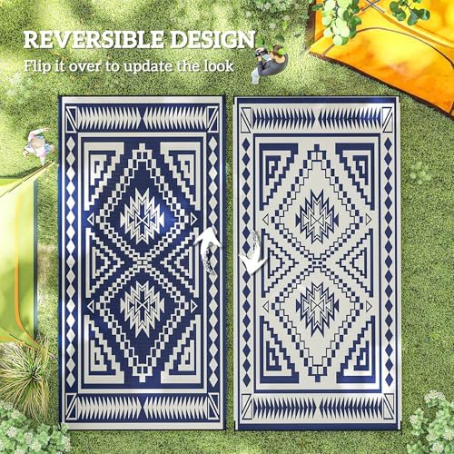 Outsunny Outdoor Rug for Patio Waterproof 9' x 18' Blue & White Square - Image 7
