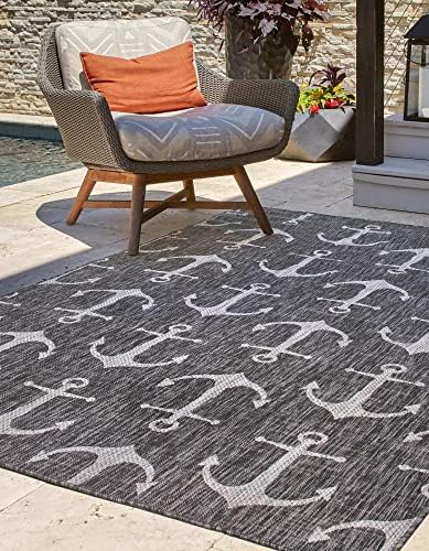 Unique Loom Outdoor Coastal Collection Area Rug - Ahoy (4' 1" x 6' 1" Rectangle, Charcoal/ Ivory) - Image 4