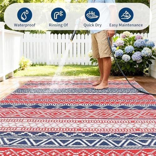 Outdoor Plastic Straw Rug 10x14 Large Patio Rug Vintage Boho Floor Mat Waterproof Rugs for Patio Reversible Outdoor Rugs for RV Beach Porch Camping Backyard Deck Picnic, Red Navy - Image 6